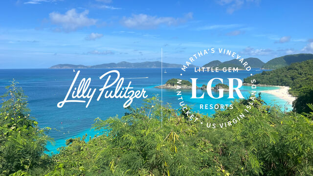 Tropical scene with logos for Lilly Pulitzer and Little Gems Resorts